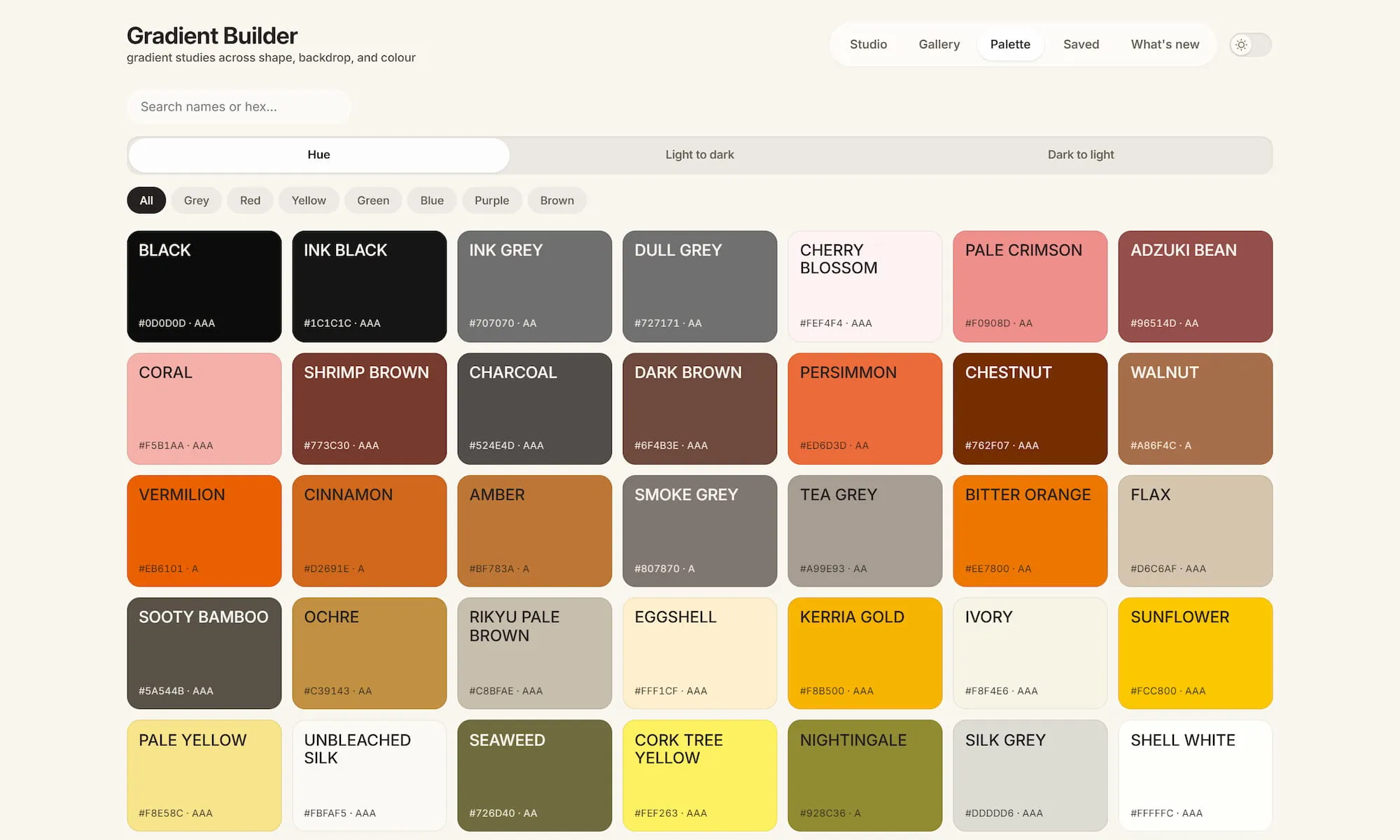 Palette view with named colour swatches, search, and sorting controls