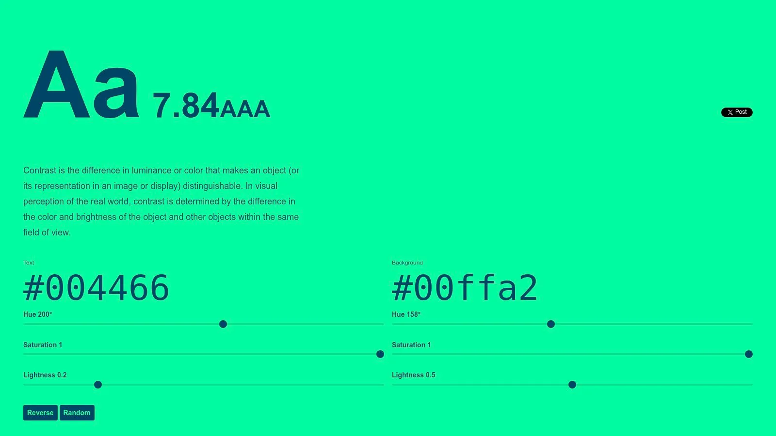 Colorable text and background contrast checker