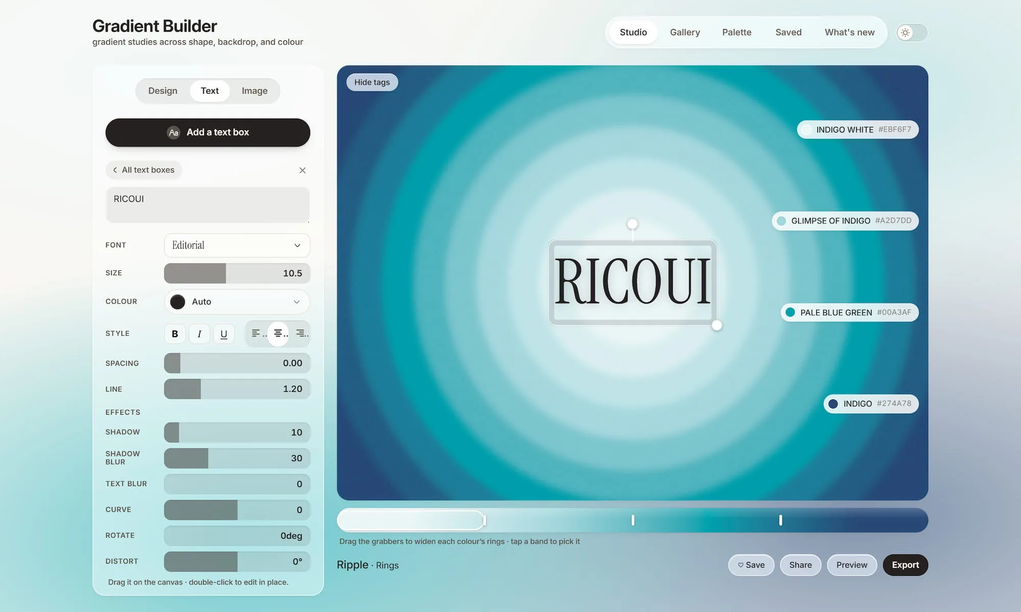Text editing panel with typography, spacing, and effects controls