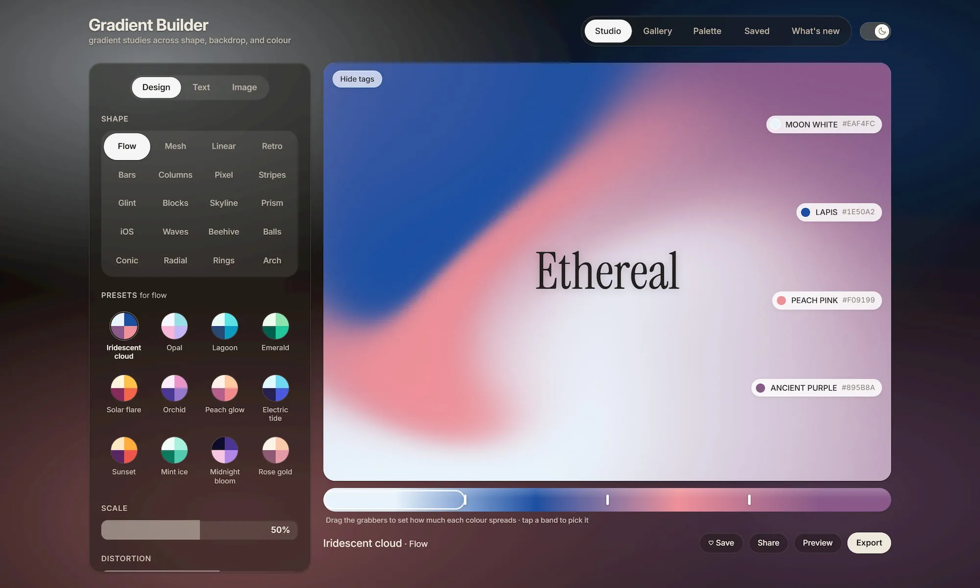 FeralUI Gradients Studio with shape controls and an editable canvas