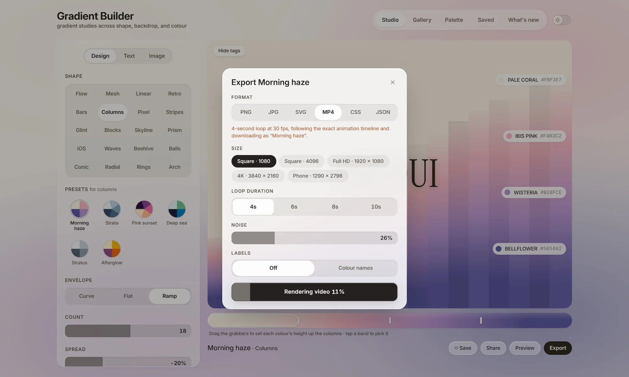 Export dialog with PNG, JPG, SVG, MP4, CSS, and JSON options