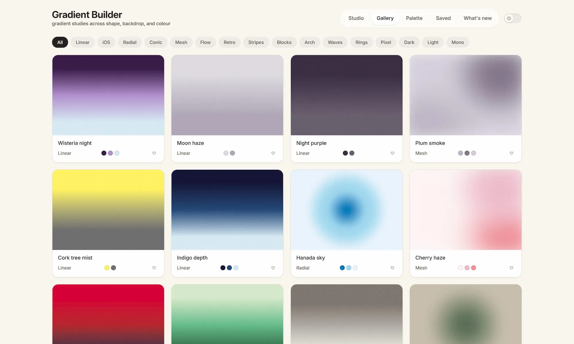 FeralUI Gradients Gallery with filters and gradient presets