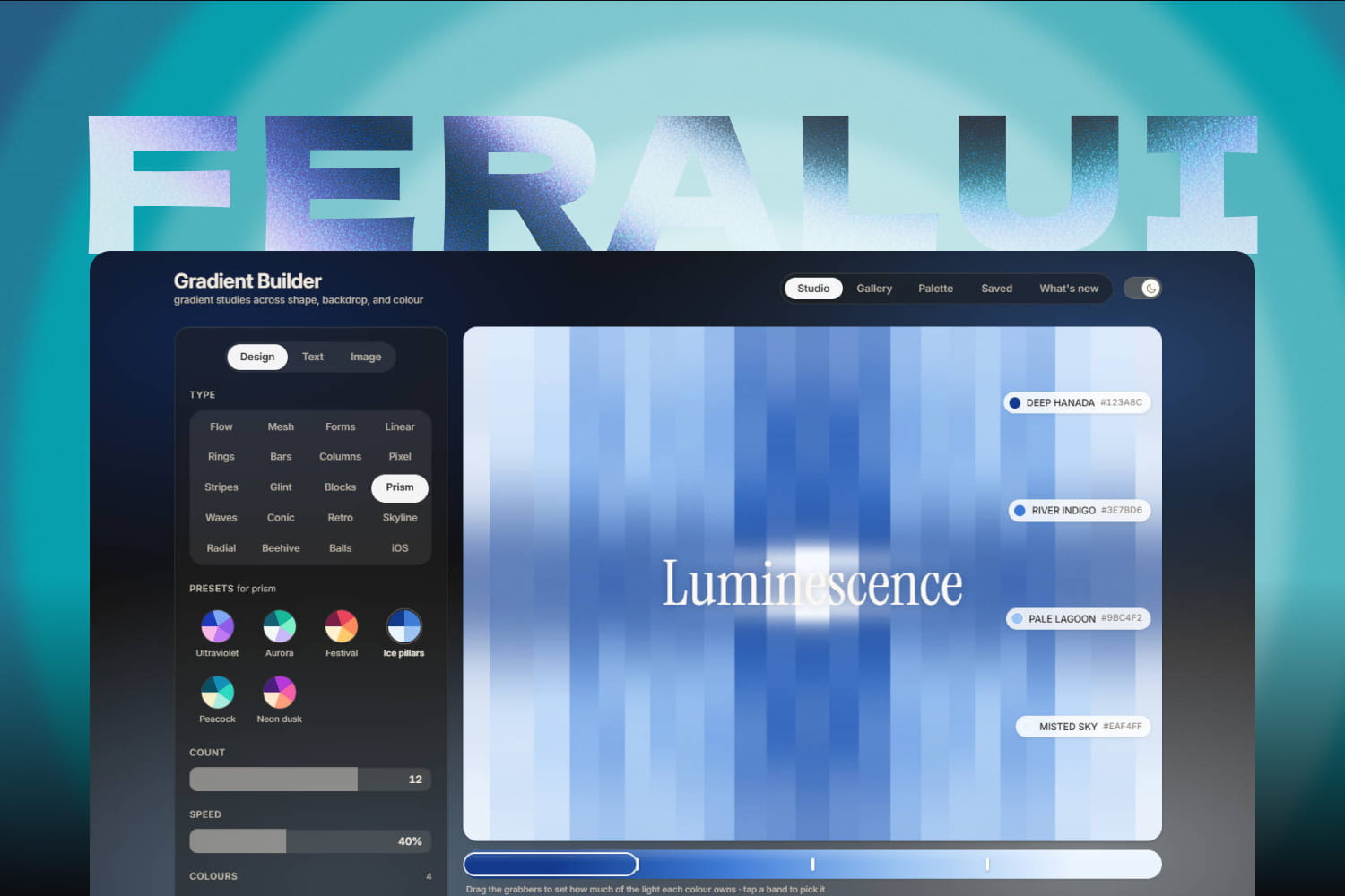 FeralUI Gradients editor with a soft blue and pink gradient canvas